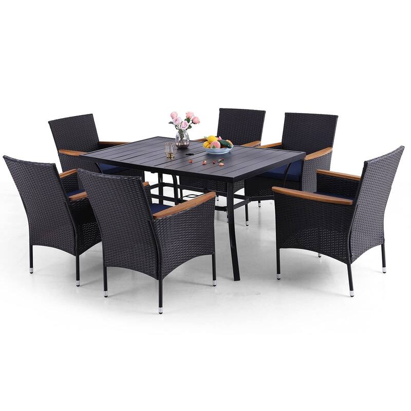 7 Pieces PE Rattan Patio Dining Sets, Modern Wicker Conversation Armhairs with Cushions and 2.6" Umbrella Hole