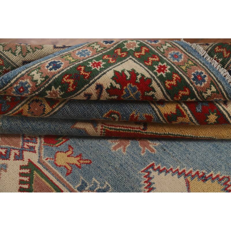 Blue Geometric Kazak Area Rug Hand-Knotted Traditional Wool Carpet - 6'8" x 9'9"