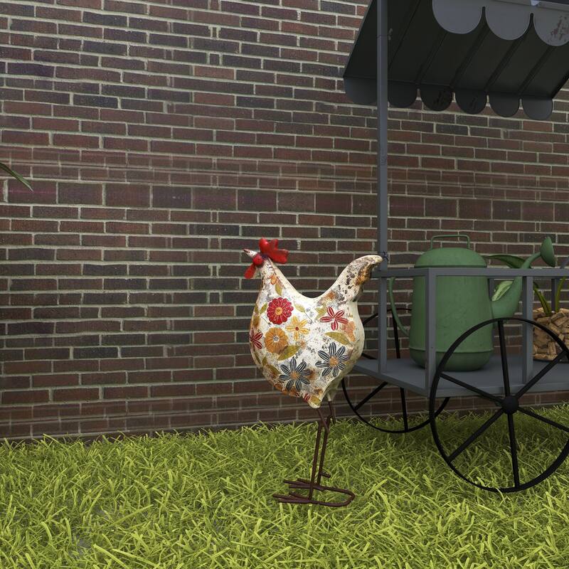 Green or Cream Metal Indoor Outdoor Distressed Standing Rooster Garden Sculpture with U Shaped Feet