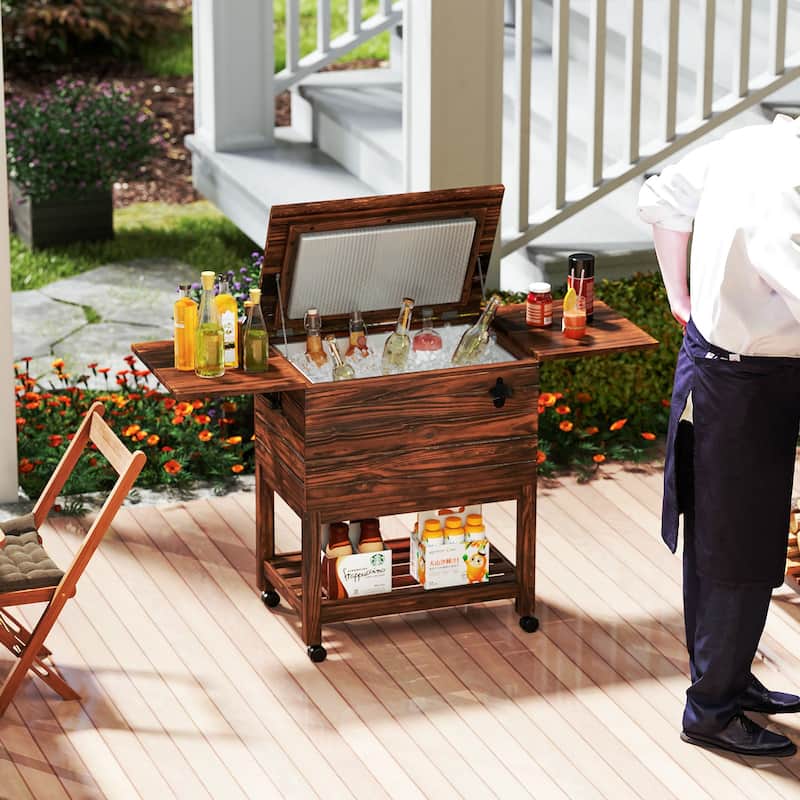 Gymax 54 Quart Rolling Wooden Patio Cooler Cart w/ 2 Drop Leaf Tables