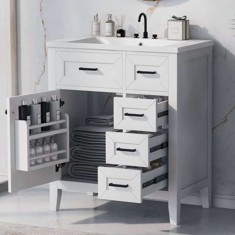 30" Bathroom Vanity with Sink Combo, Green Bathroom Cabinet with Drawers, Solid Frame and MDF Board - White