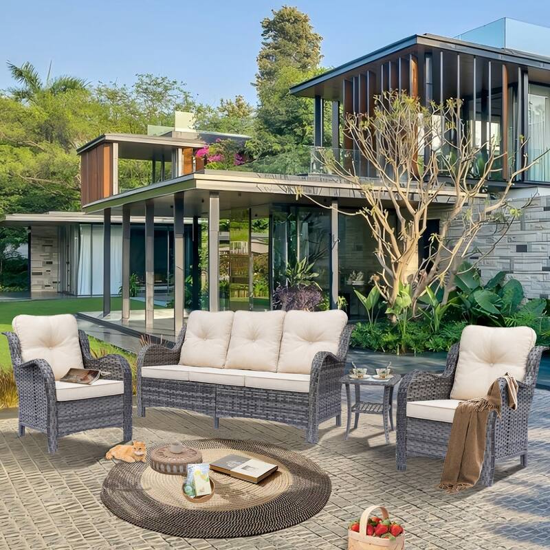 Gray Rattan Wicker High Back Outdoor Patio Furniture Sofa Seating Set - 4-Piece - Beige