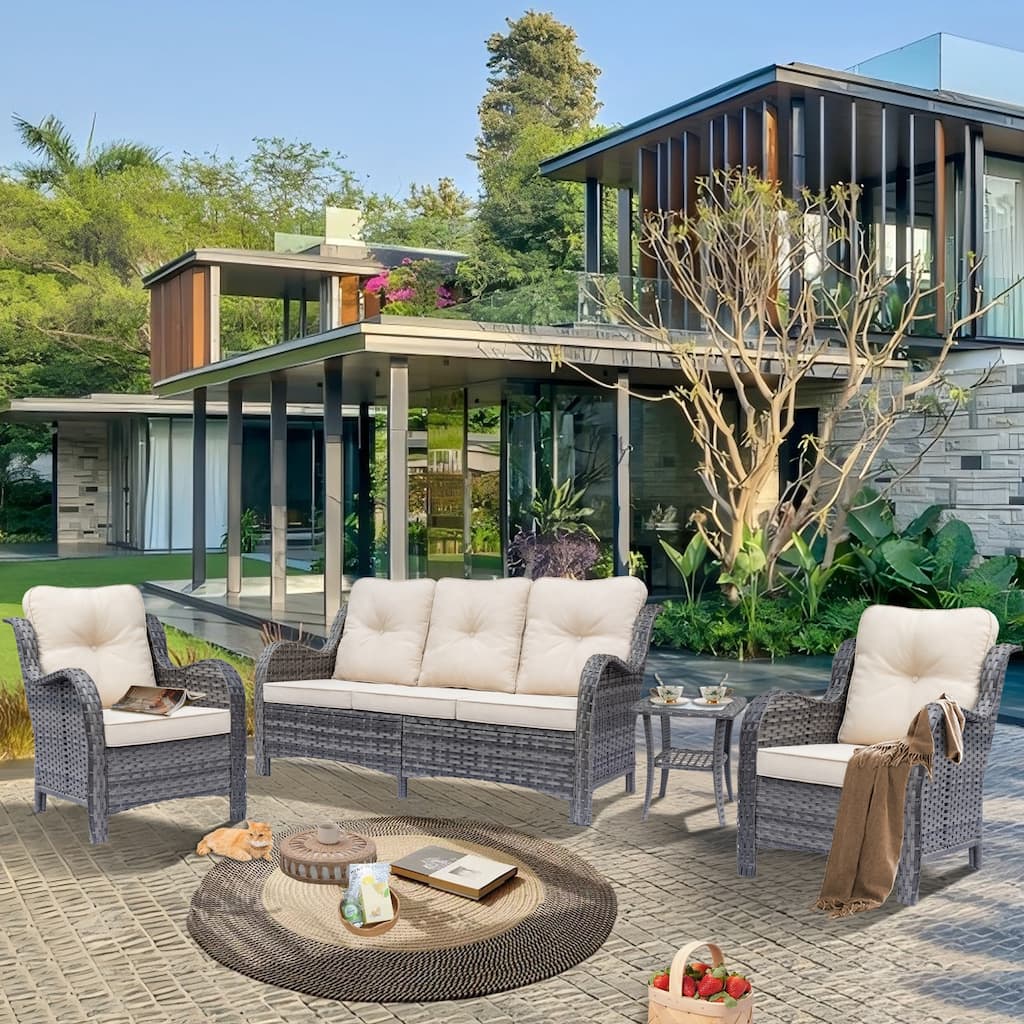 Gray Rattan Wicker High Back Outdoor Patio Furniture Sofa Seating Set