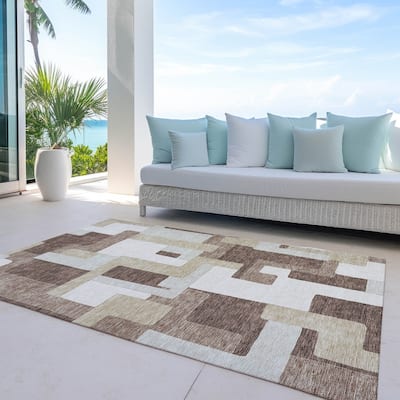 Machine Washable Indoor/ Outdoor Contempoary Blocks Chantille Rug