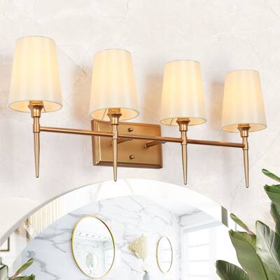 Barr Mid-Century Modern Gold 4-Light Bathroom Vanity Lights Fabric Wall Sconces - W 29" x D 6.5" x H 12"