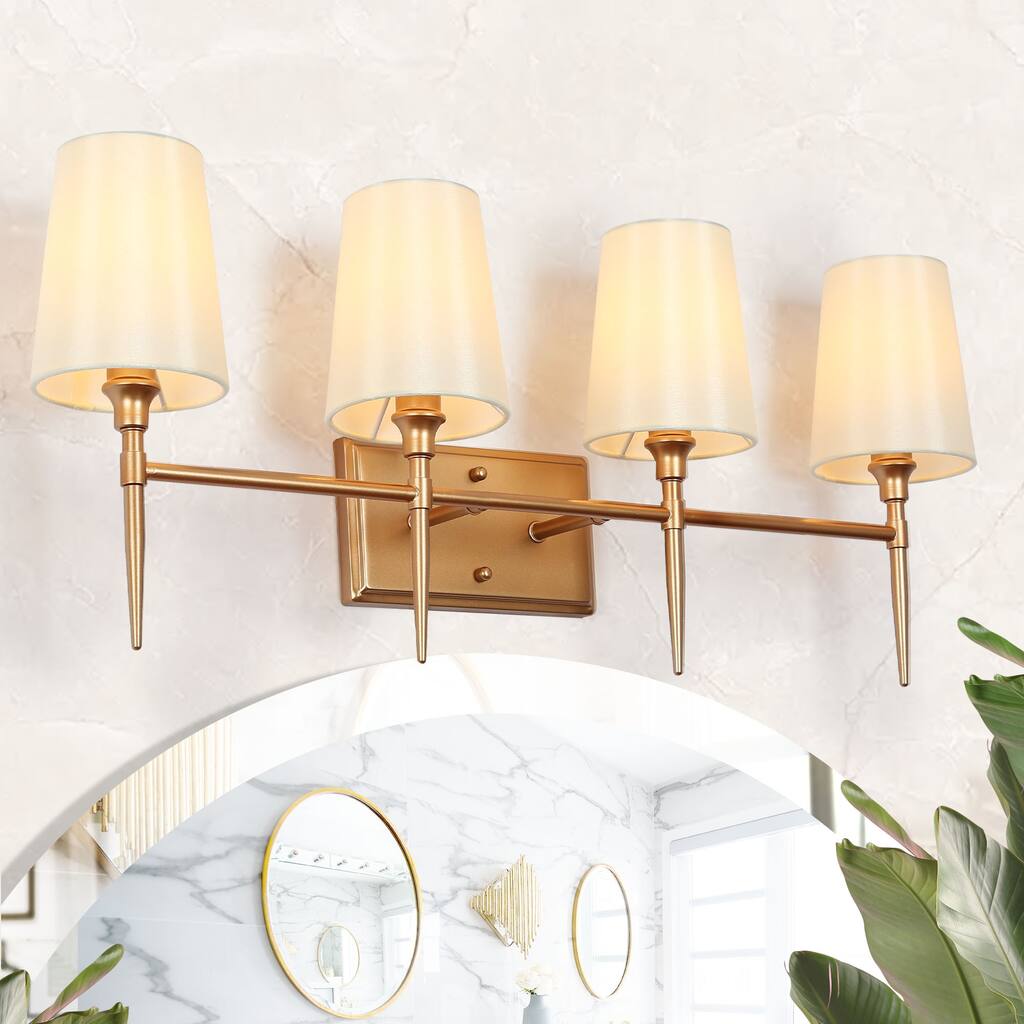 Barr Mid-Century Modern Gold 4-Light Bathroom Vanity Lights Fabric Wall Sconces - W 29" x D 6.5" x H 12"