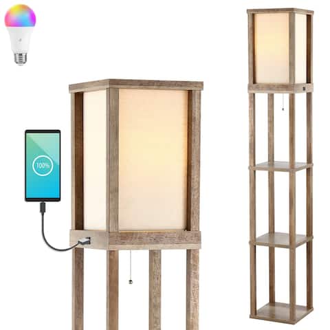 Zephyr 63.5" Rustic Bohemian Wooden LED 3-Shelf Floor Lamp with Pull-Chain, USB Charging Port and Smart Bulb, by JONATHAN Y