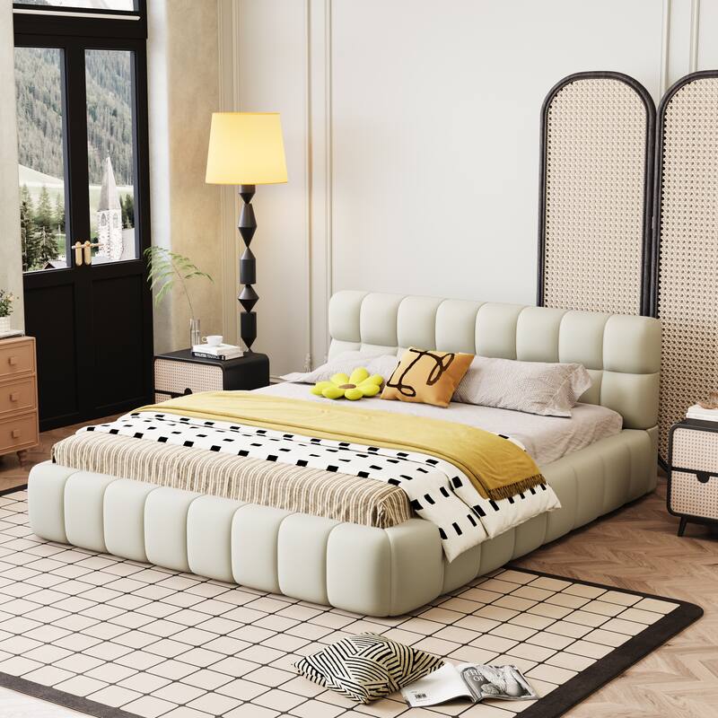 Queen Size Platform Bed Frame with Thick Fabric - Beige