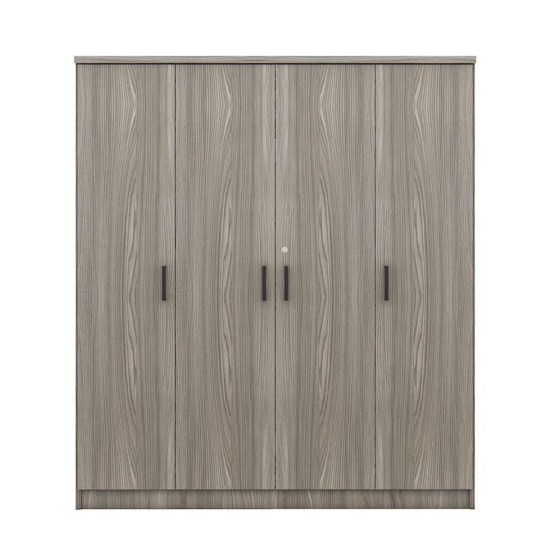4-Door Wardrobe, Wood Free-Standing Cabinet Closet with Shelves and Drawer, Clothes Organizer for Bedroom Entryway