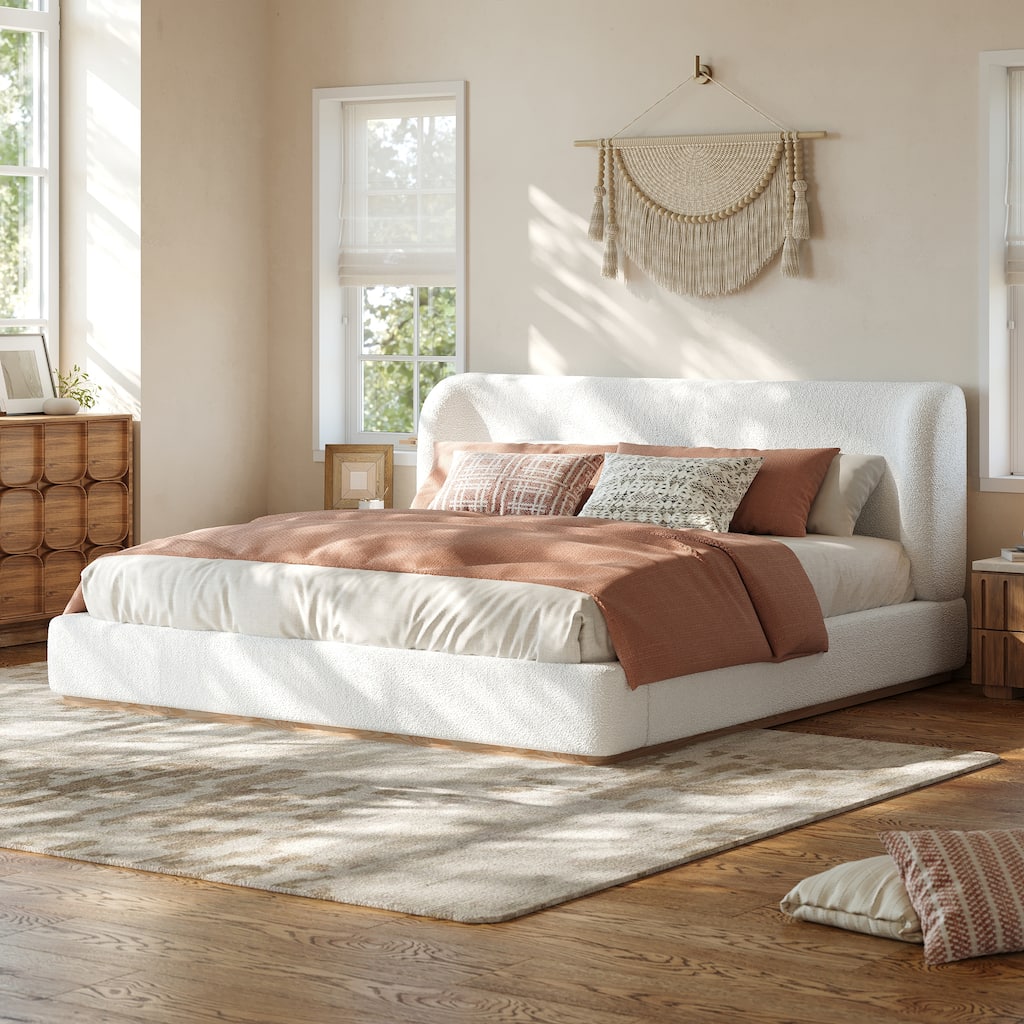 Christopher Knight Home - Boucle Upholstered Low-Profile Platform Bed with Solid Wood Slat Support