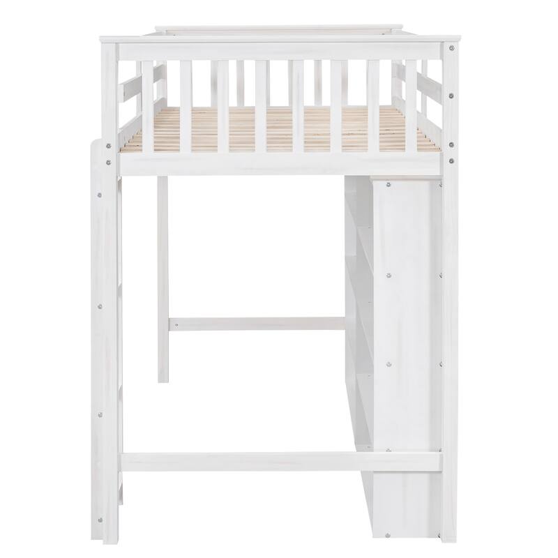 Loft Bed with All-in-One 8 Open Storage Shelf and 4 Step Ladder, Wood Loft Bed Slat Support for Kids Teens