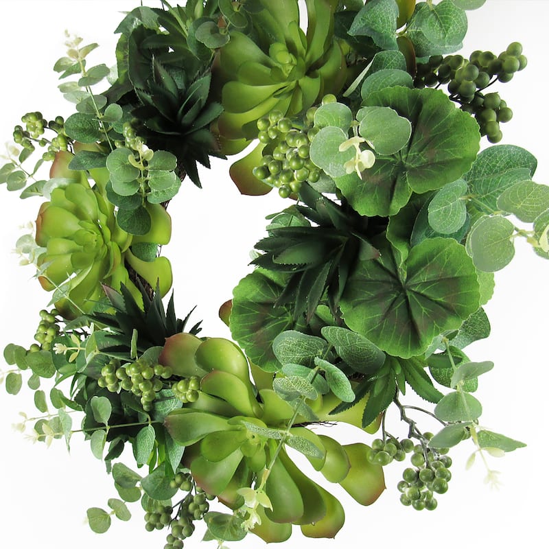 Large Artificial Mixed Eucalyptus Succulent Greenery Wreath with Berries 18in