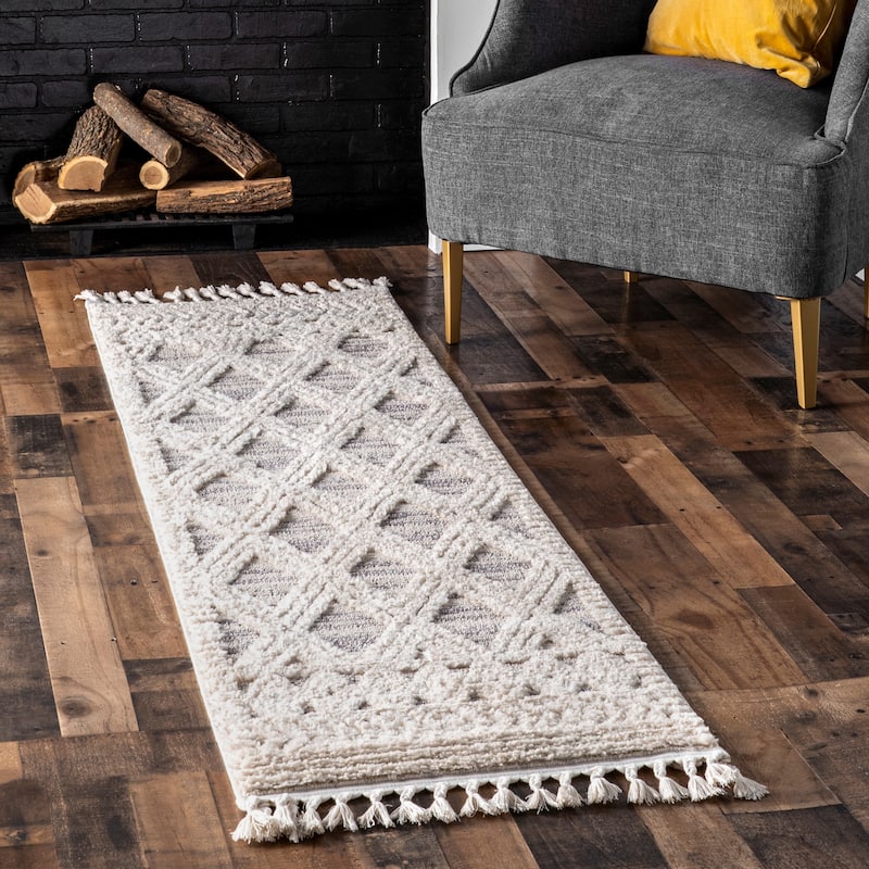 Nuloom Ansley Moroccan Lattice Tassel Area Rug - 2' x 6' Runner - Light Grey - Runner
