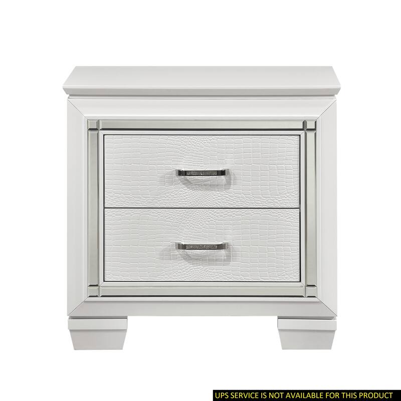 Glamorous White Nightstand, 2 Drawers, Faux Alligator Embossed Textured Front