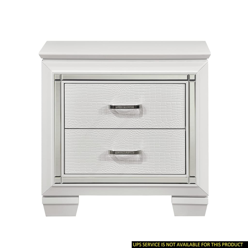 Glamorous White Nightstand, 2 Drawers, Faux Alligator Embossed Textured Front