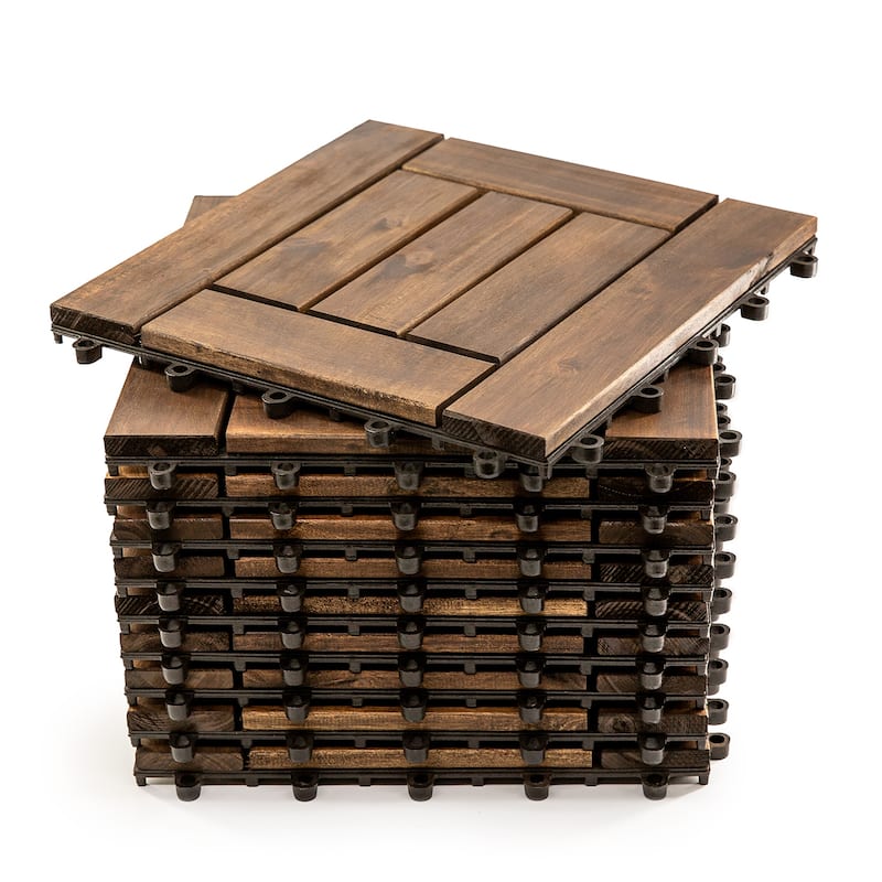 Anmytek Acacia Wood Interlocking Deck Tiles 12x12 Outdoor Flooring Patio Balcony Dark Brown Weather Resistant