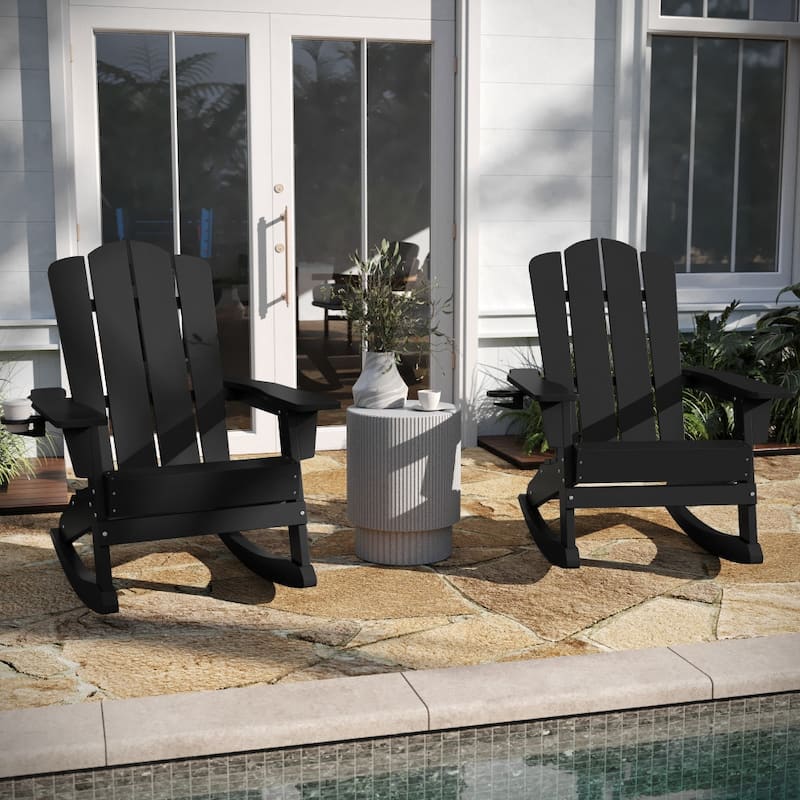 All-Weather Rocking Adirondack Chair with Swiveling Cupholder - Black