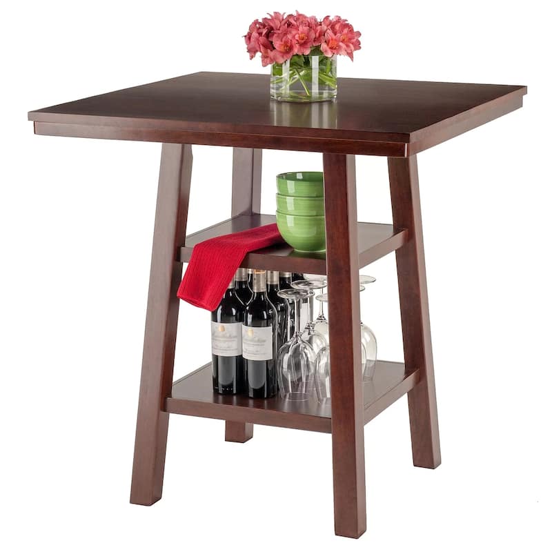 3 Rich Walnut High Table with Shelves Cushion Saddle Seat Stools 36"