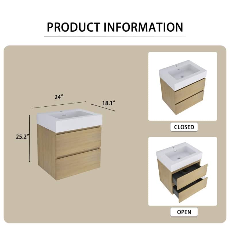 24/30/36 inch Wall-Mounted Bathroom Vanity Set in Oak with Integrated Resin Sink