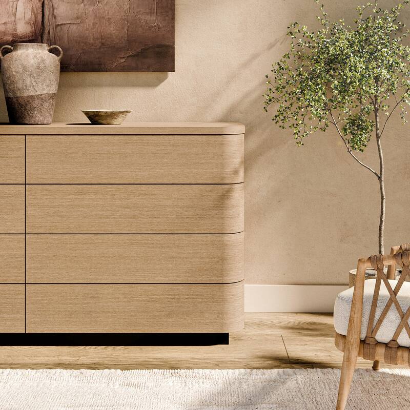 Oak 8-Drawer Dresser Buffet for Bedroom Wide Chest of Drawers with Anti-Tip Safety, Waterproof Top