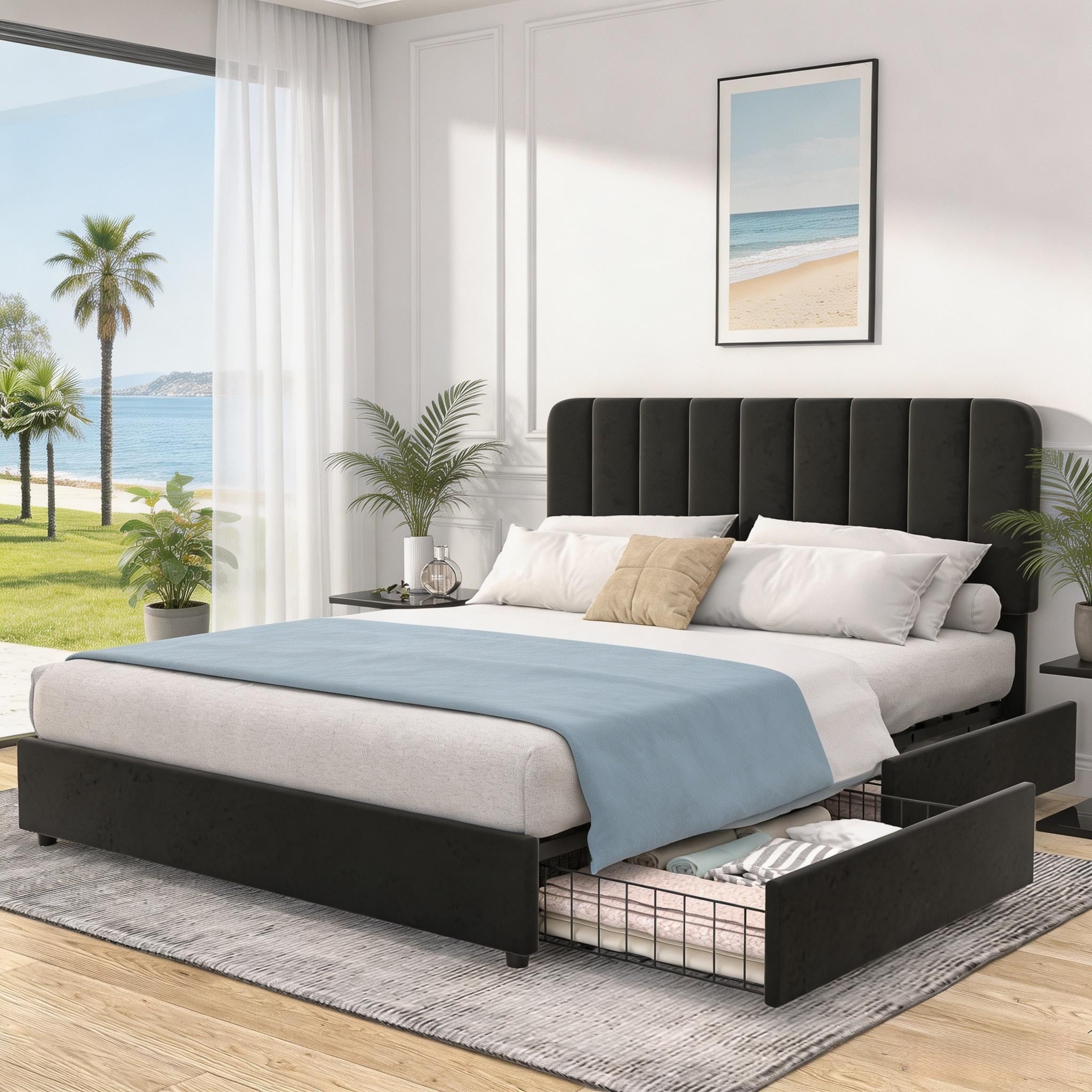 Javlergo Velvet Upholstered Bed with Adjustable Headboard Storage Drawers No Box Spring Needed Dorm Essentials for College