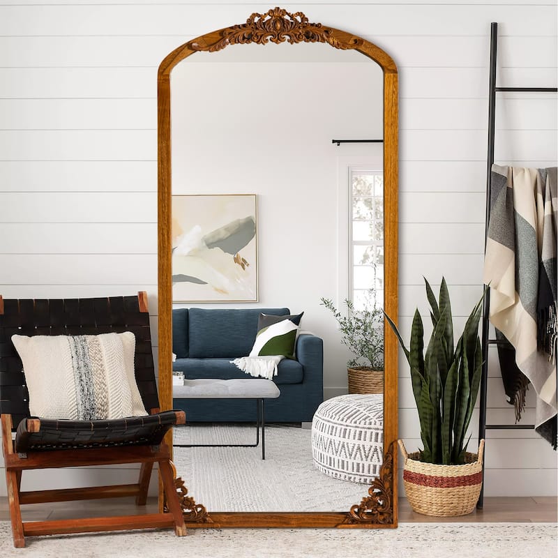 Lumioca Carved Solid Wood Arched Standing Mirror Wall Mirror - 70×30 - Gold
