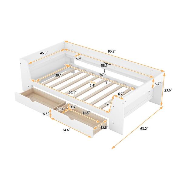 White Twin Size Pine All-in-One Platform Daybed w/ Shelves, Built-In Charging Station Upholstered Bed Frame for Living Room