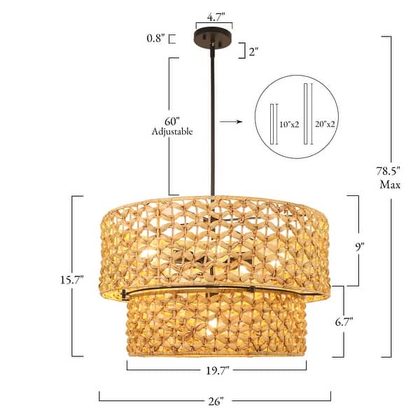 dimension image slide 1 of 2, Ravy Farmhouse 6-Light Drum Rattan Chandelier Coastal Natural Pendant Light for Kitchen Dining Room - D 26" x H 15.7"
