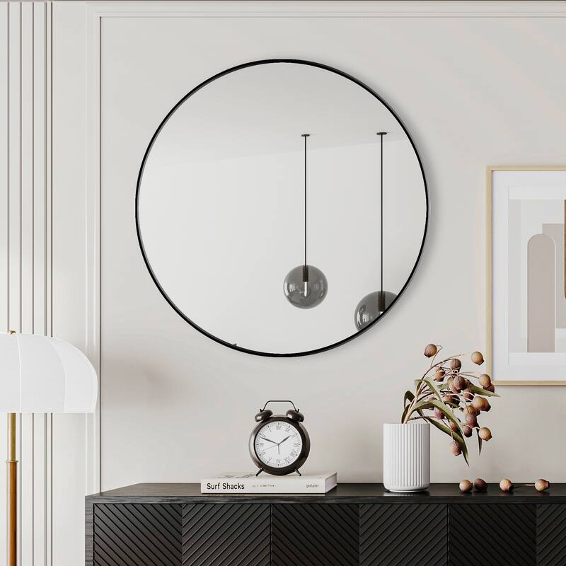 48" Wall Mounted Circular Mirror Metal Framed Mirror - Black