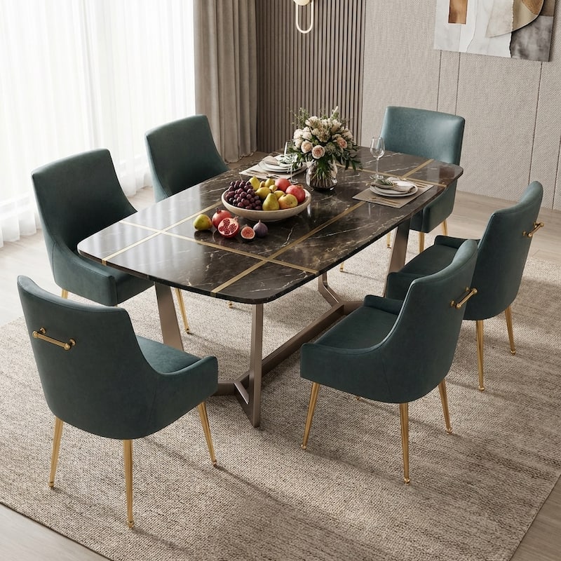 SEYNAR Modern Glam PU Leather Dining Chair or Vanity Chair Set of 6 with Rear Handle - Blue