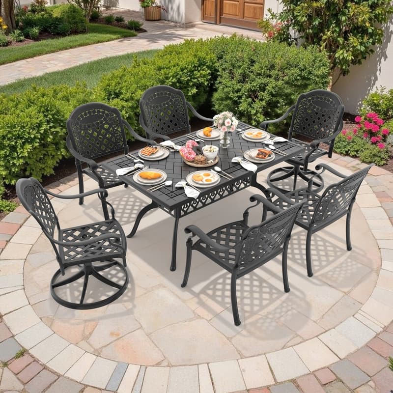 7-Piece Outdoor Dining Set with 1 Table and 6 Chairs, All-Weather Aluminum Outdoor Patio Sets