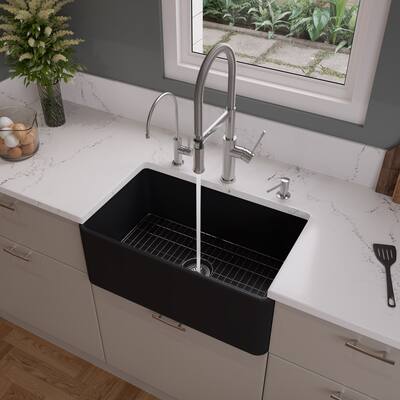 Black Matte Smooth Apron 30" x 18" Single Bowl Fireclay Farm Sink