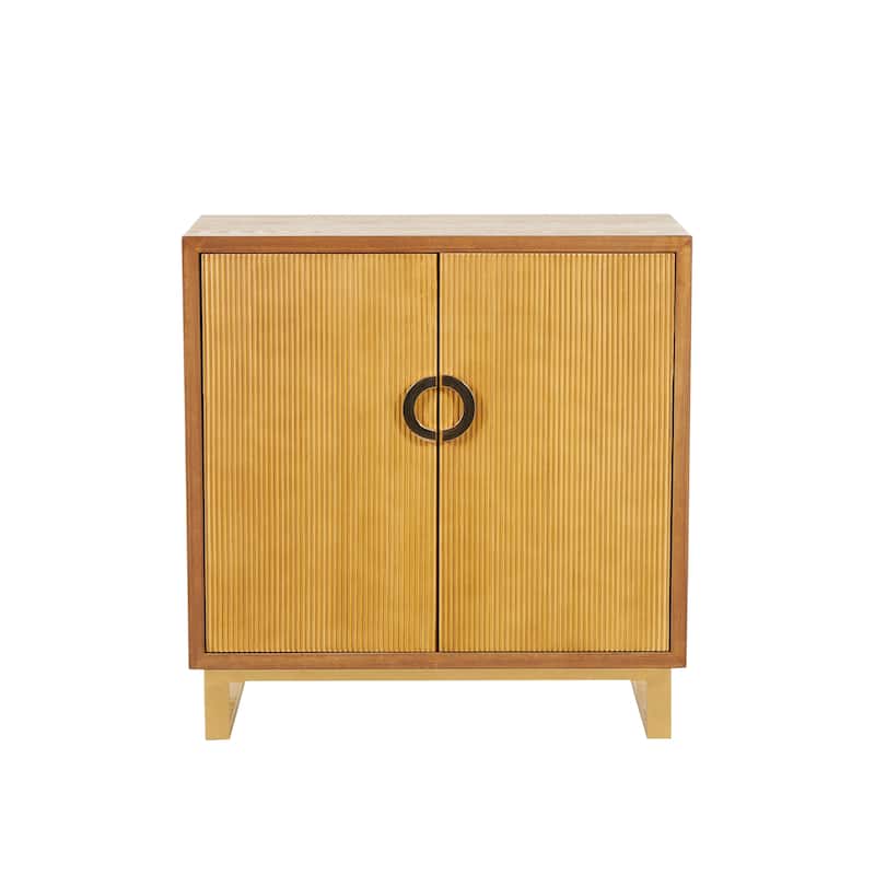 Wooden Geometric 2 Door Cabinet with Gold Vertical Grooves and Curved Handles - Brown - Roche River Decor - 16"W x 32"L x 32"H