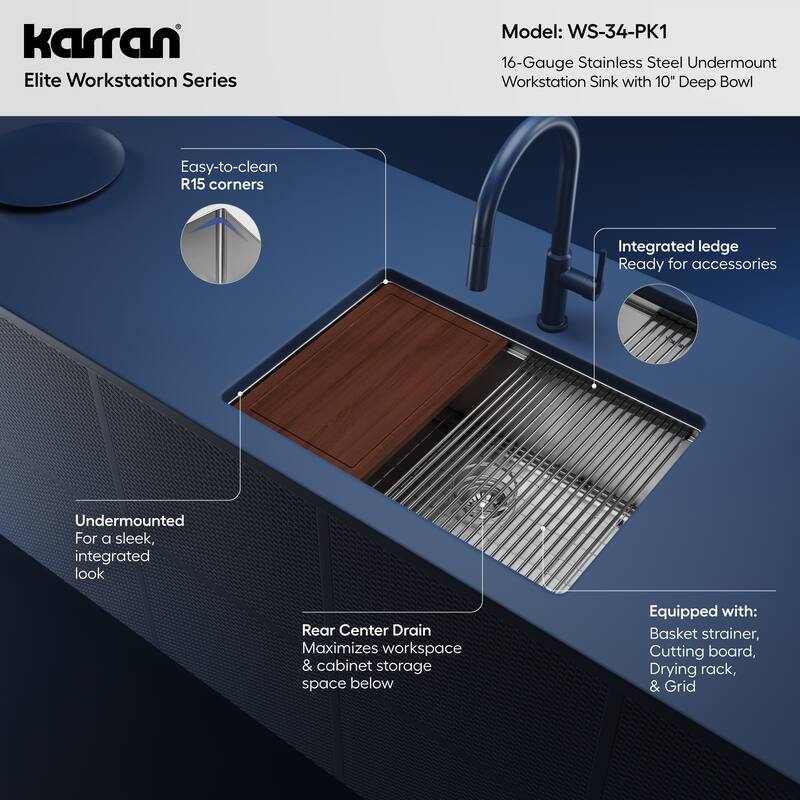 Karran Elite WS-34-PK1 Undermount 27" Single Bowl Stainless Steel Workstation Kitchen Sink