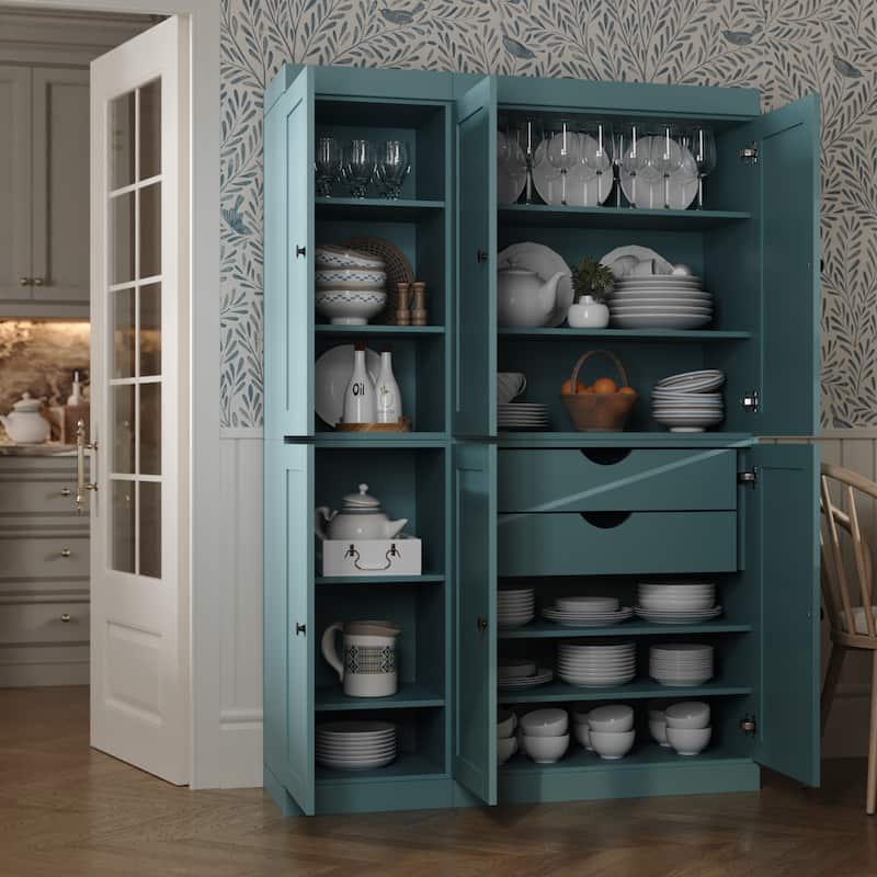 Palace Imports 100% Solid Wood 48.5" Pantry Cabinet with Shaker Doors, 2-Drawers and Adjustable Shelves - Aqua Blue