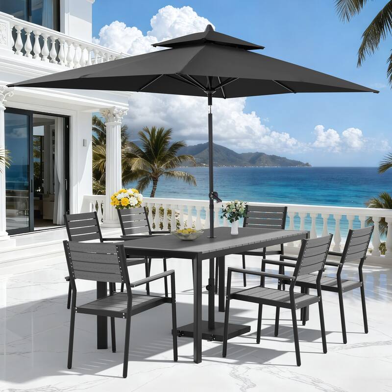 9-PCOutdoor Patio Dining Set Wood Like Aluminum Umbrella Hole Table with Stackable Armchairs, Market Umbrella and Wheel Base - GreyTable&GreyChairs&BlackUmbrella