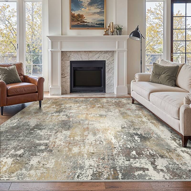 Mcow Abstract Taupe Collection Machine-Washable Non-Slip Area Rug - 8' x 10' - 5' x 7' - Brown/Grey - Rectangle
