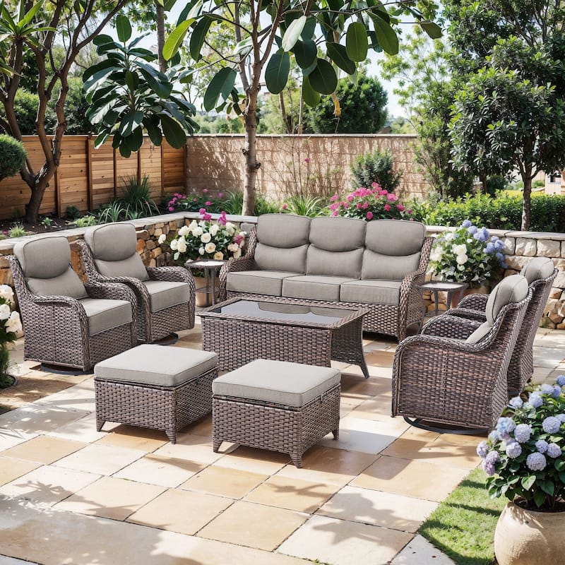 Pocassy Outdoor Patio Furniture Sofa Swivel Chairs Sets - Brown Wicker Grey Cushion - Sofa Swivel Chair with Ottoman Set of 10