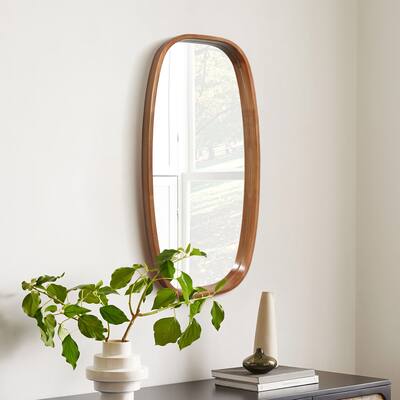 Natural Rubberwood Frame Rounded Rectangle Wall Mirror, Bathroom Wall Mirror - 31.5" H x 15.7" W x 1.97" D