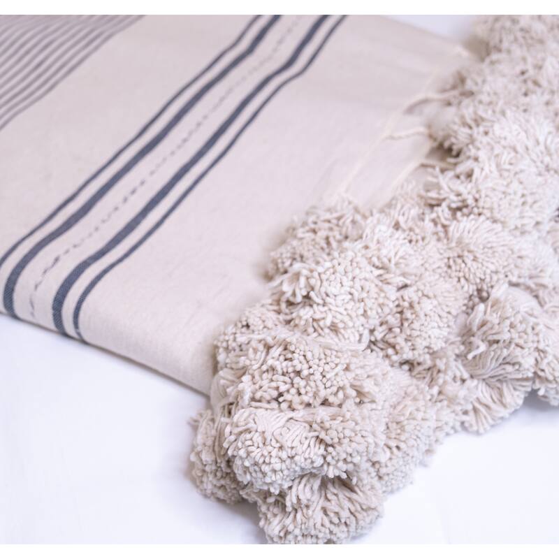 Moroccan Blanket with Pom Pom in Beige and Light Blue