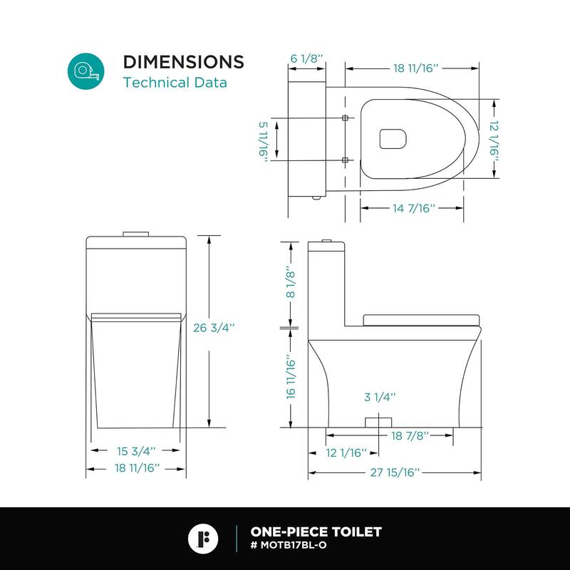 Fine Fixtures Dual-Flush One-Piece Toilet With High-Efficiency Flush, 12" Rough-in, Elongated bowl