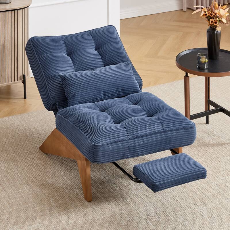 HOMEFUN Upholstered Modern Multi-Position Adjustable Wooden Base Lounge Chair with Footrest and Lumbar Pillow - Navy Blue-Corduroy