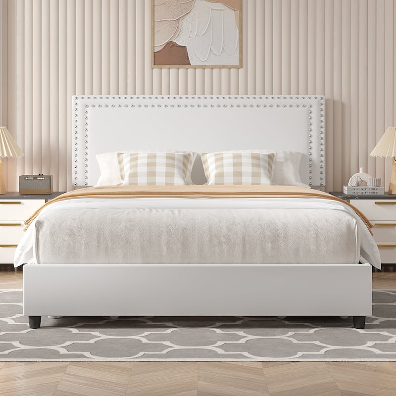 Modern Upholstered Bed Frame with Adjustable Headboard & 4 Storage Drawers Platform Fabric Bed with Button Tufted Headboard