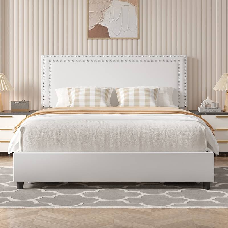 VECELO Upholstered Storage Bed Frames with 4 Storage Drawers, Platform Bed Frame with Adjustable Velvet Rivets Headboard
