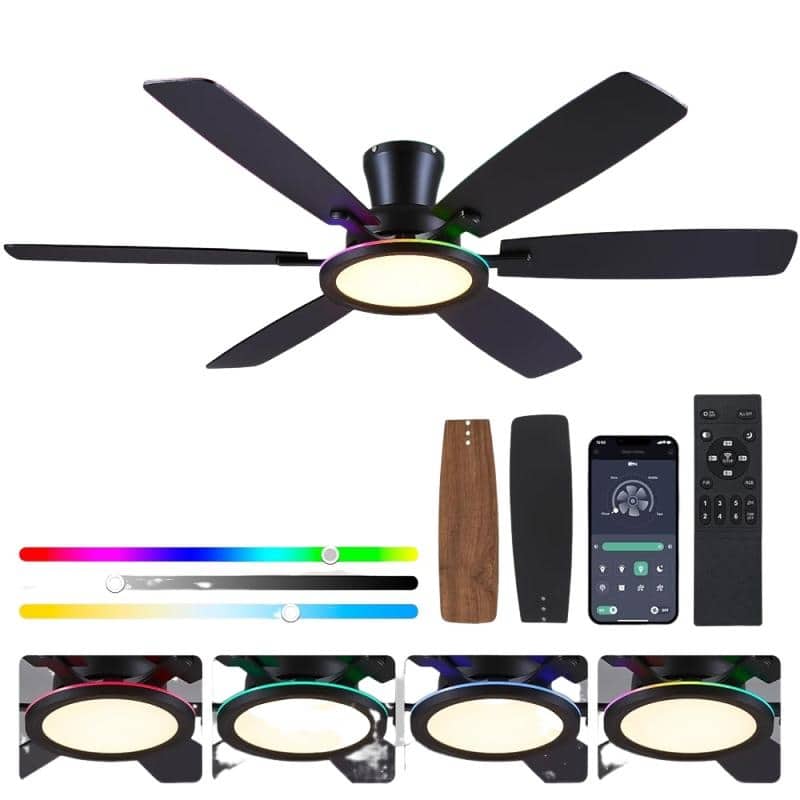 52 Inches RGB Flush Mount Ceiling Fan with Light,Reversible DC Motor for Bedroom Living Room Patio - 52 Inches