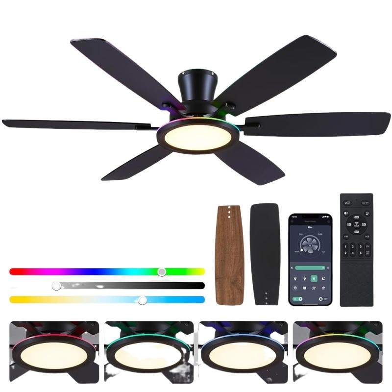 54-Inch Low Profile Flush Mount RGB Ceiling Fan with LED Light, Remote and App Control, 6-Speed Reversible DC Motor - 54 Inches