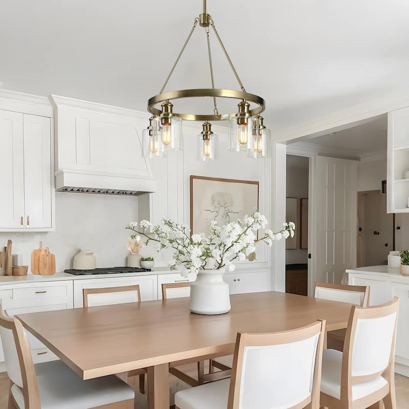 Oriva Modern 5-Light Gold Wagon Wheel Chandelier with Clear Glass Shades - Brushed Electroplated Copper - Dia.25"xH26.5"