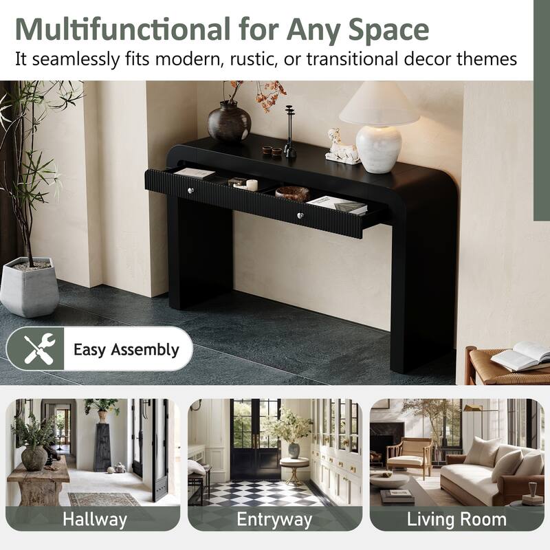 Rustic Console Table with Fluted Drawer Front, Entryway Table with Curved Corners & Thick Legs, Sturdy Sofa Table