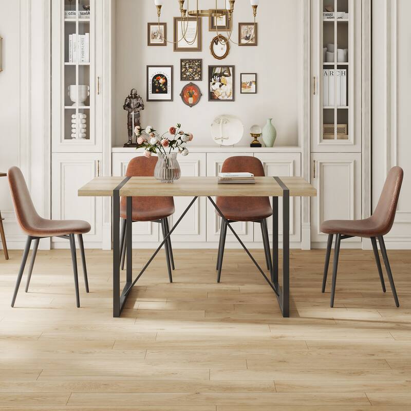 Wood Dining Table and Chair Set Modern 5-Piece Rectangular Dining Table Set with 4 Linen Chairs, Kitchen Dining Set for 4