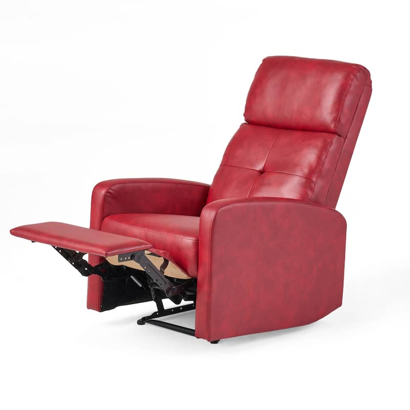 Belz Manual Recliner Chair with Handle, Button Tufted Red Faux Leather